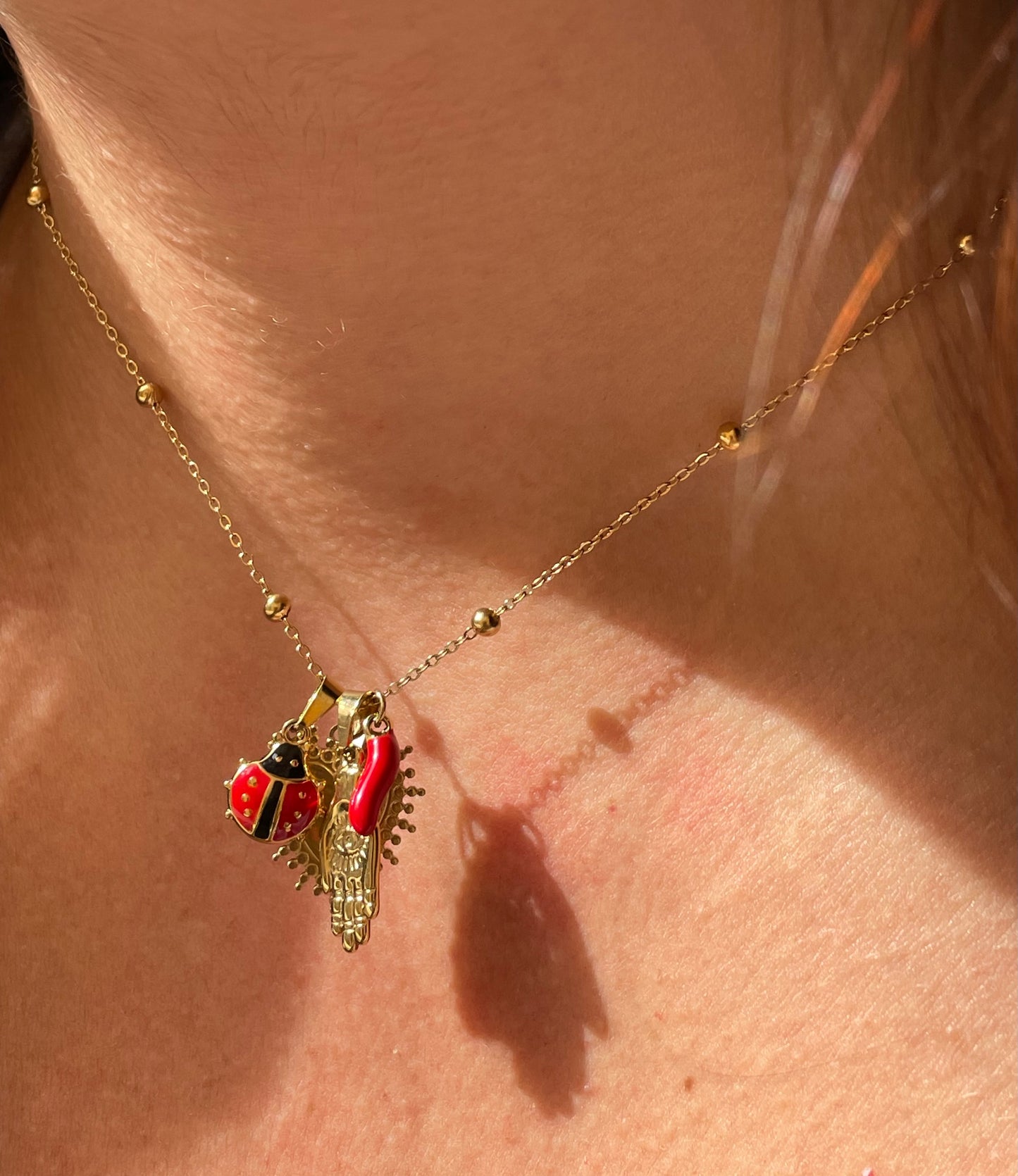 Collana con corno, coccinella, sacro cuore e mano di protezione in 2 colori