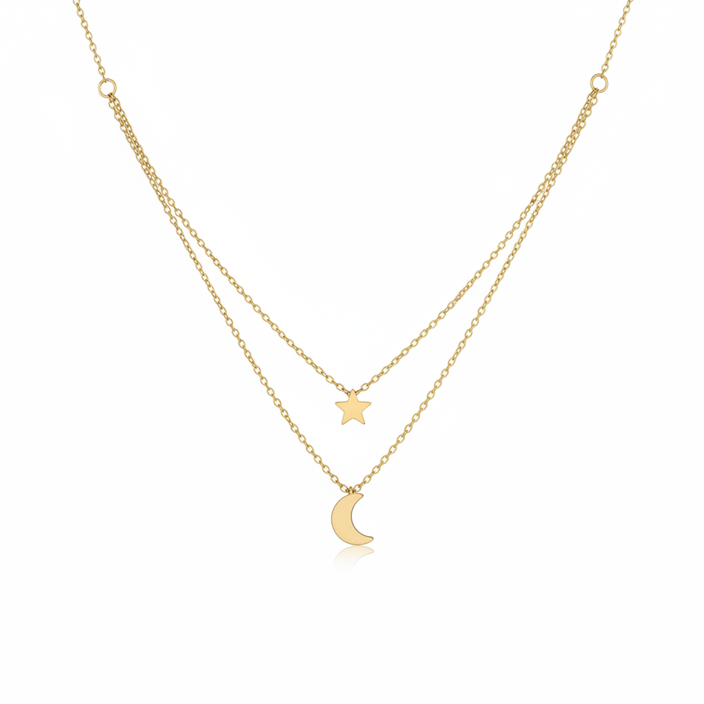 Collana a doppio giro con stella e luna in 2 colori