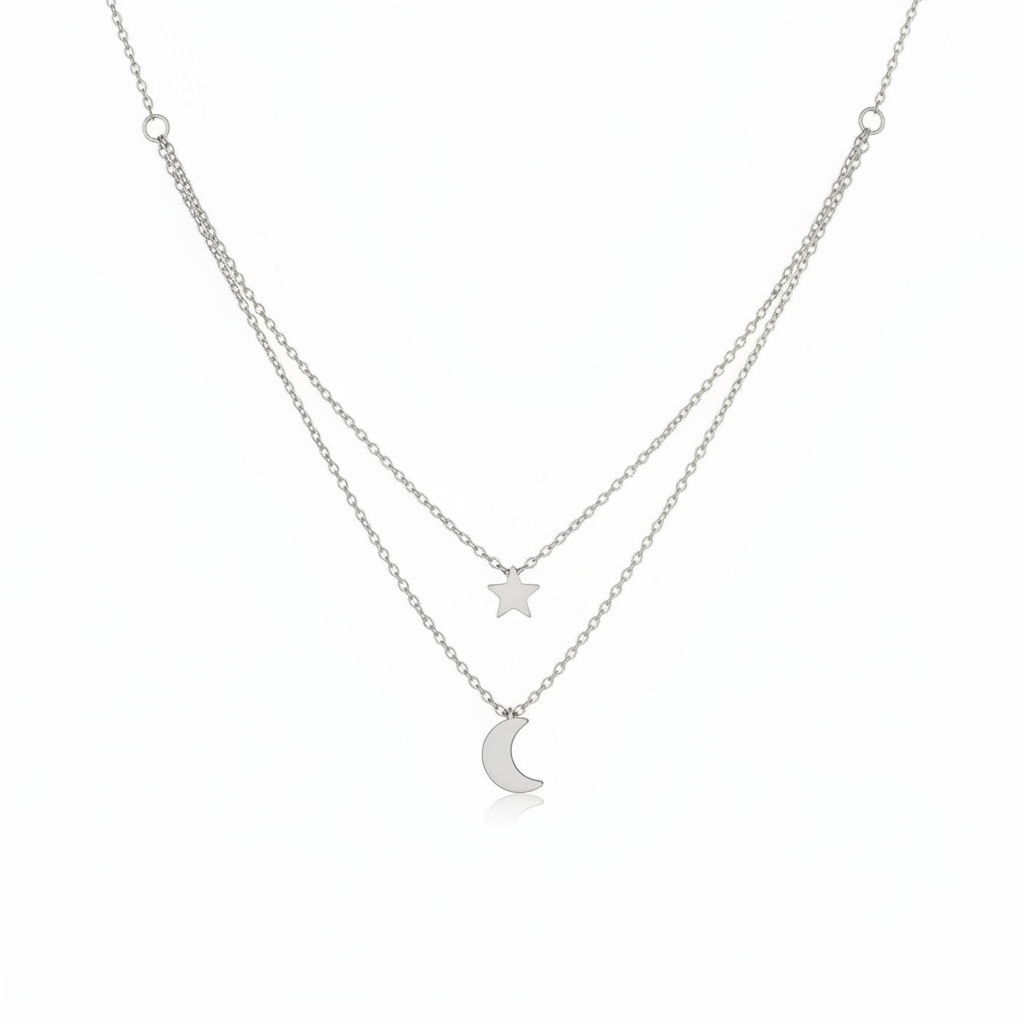 Collana a doppio giro con stella e luna in 2 colori