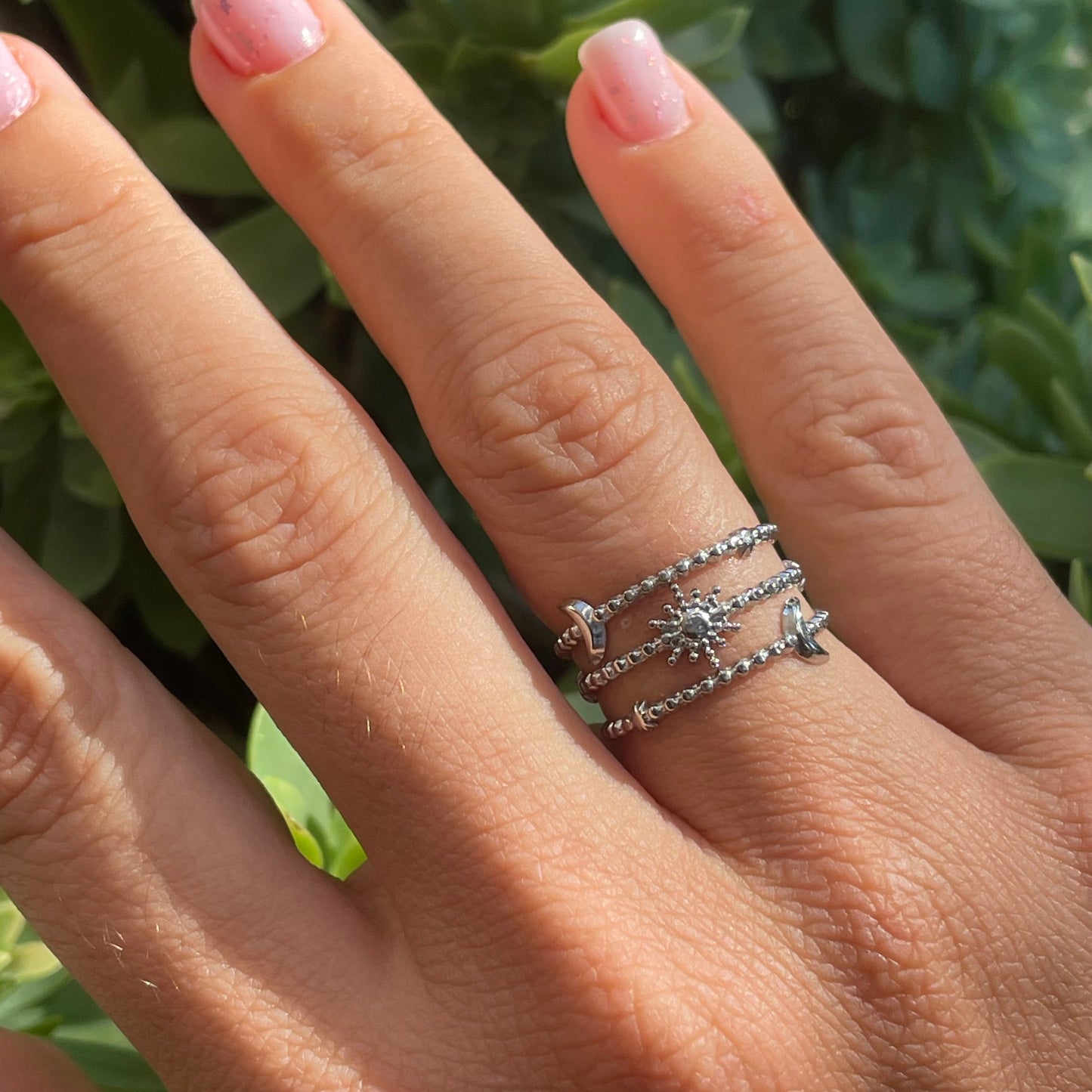 Anello con stelle, sole e luna in 2 colori