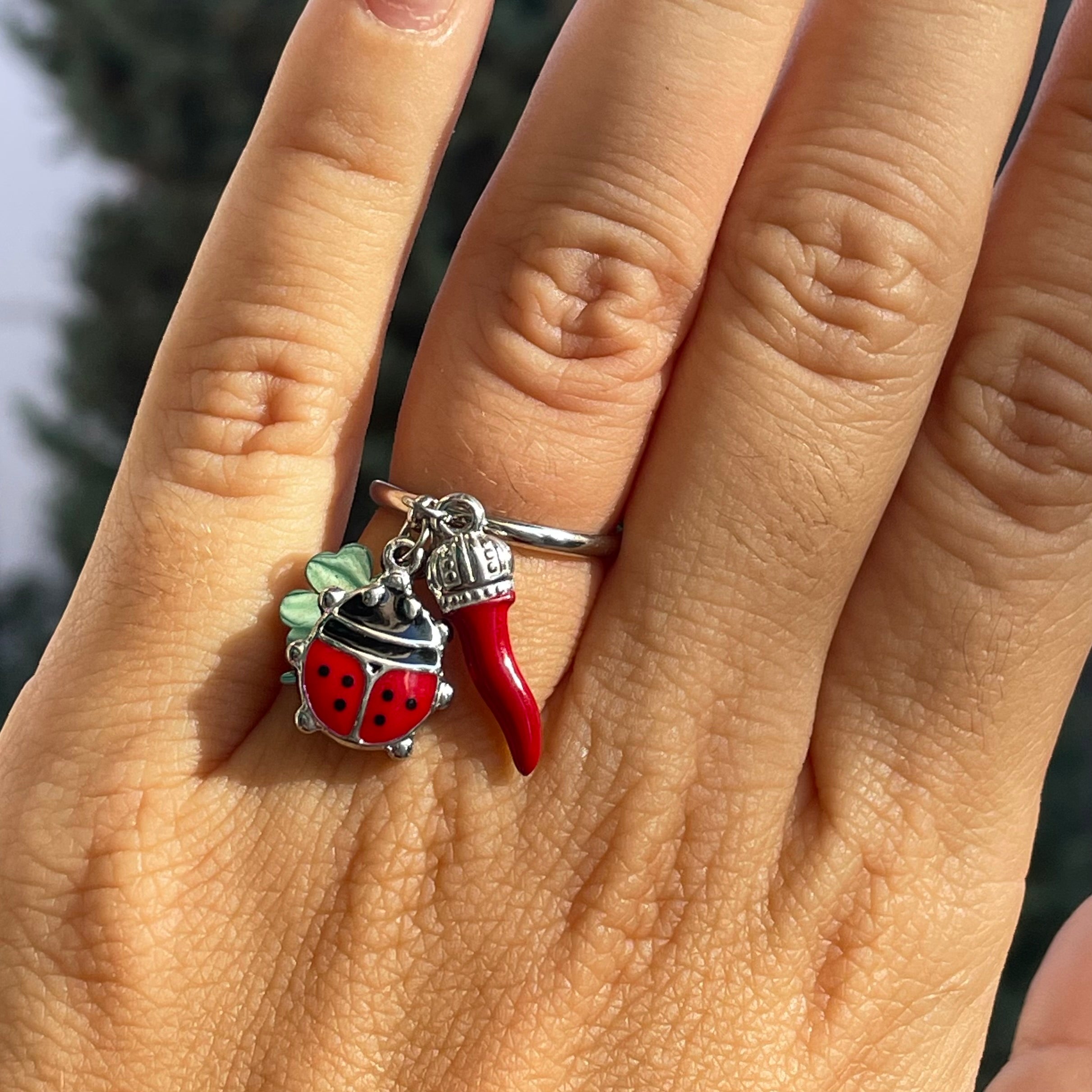Anello coccinella, corno e quadrifoglio portafortuna in 2 colori