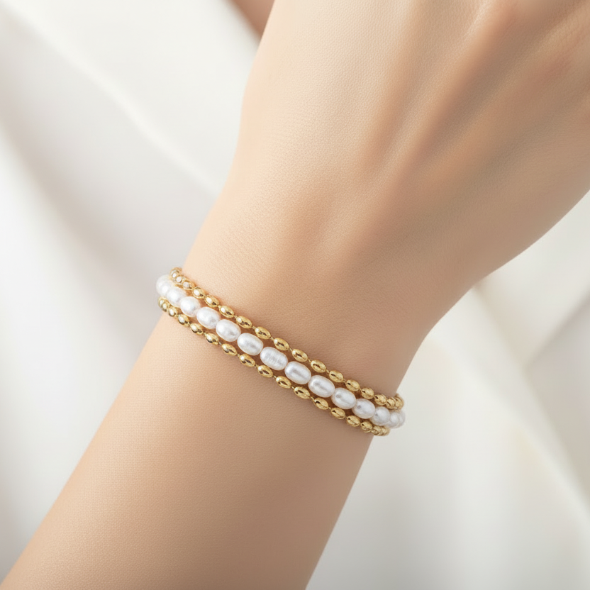 Bracciale di perle ovali in 2 colori