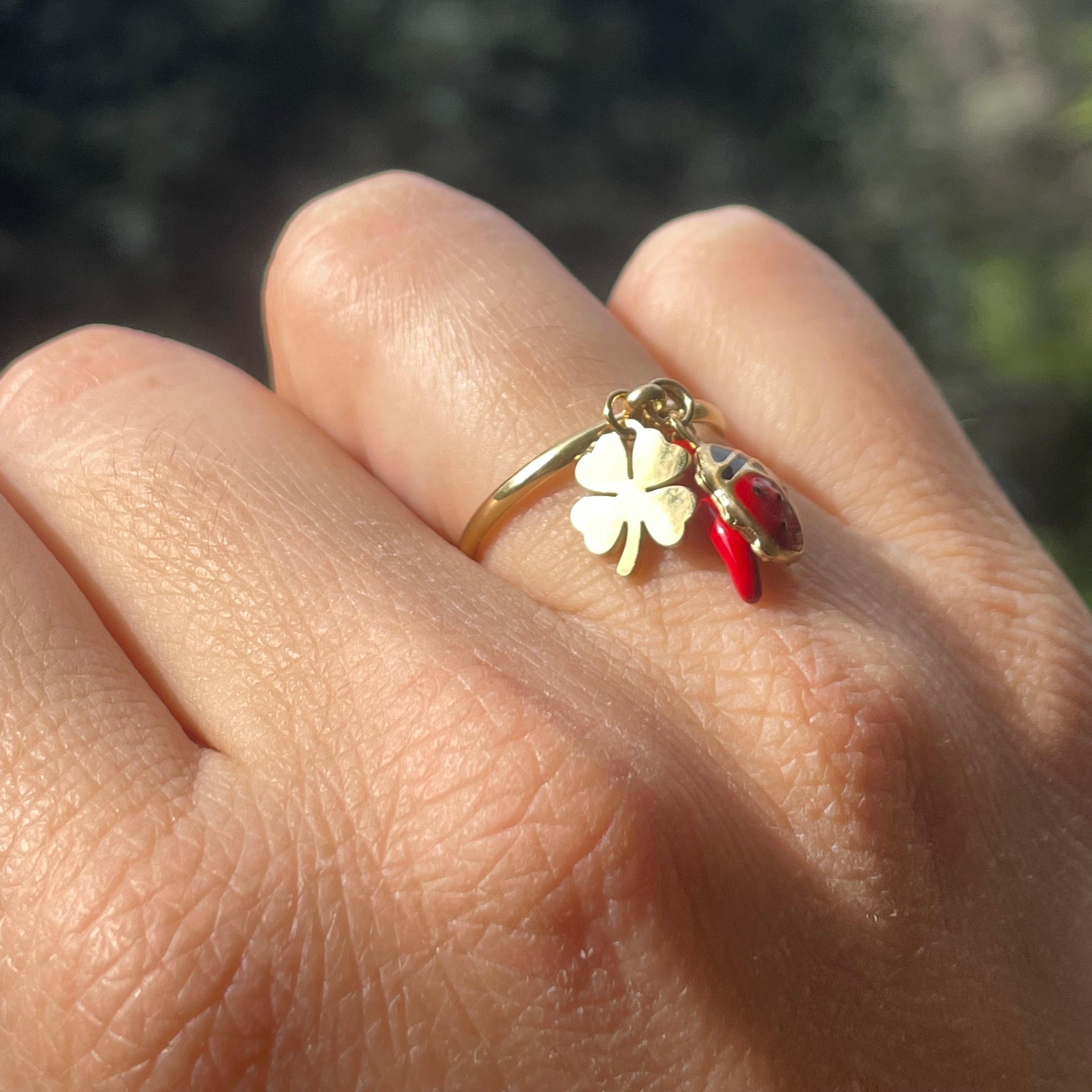 Anello coccinella, corno e quadrifoglio portafortuna in 2 colori