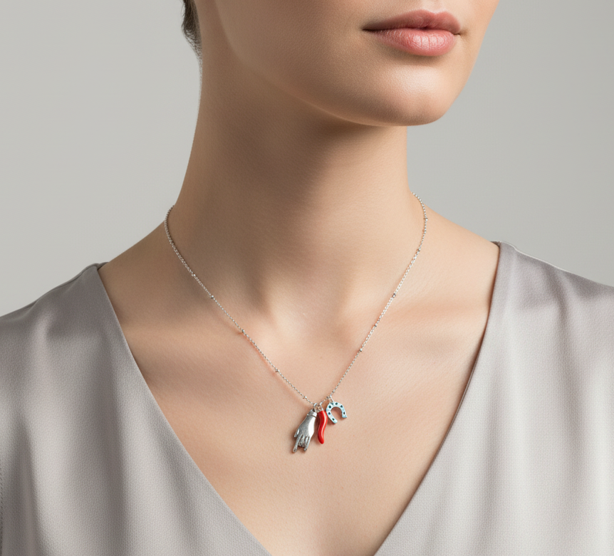 Linea Italia Gioielli - Collana Portafortuna In Argento Con Cornetto, Quadrifoglio e Pietre Rosse - Made in Italy Linea Italia Gioielli - Collana Portafortuna In Argento Con Cornetto, Quadrifoglio e Pietre Rosse - Made in Italy