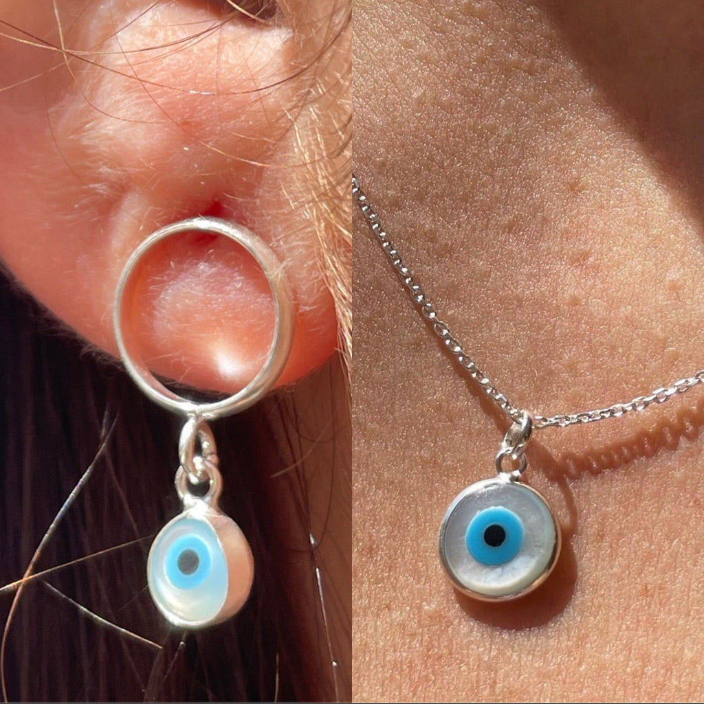 Set collana e orecchini occhio di Allah bianco e celeste