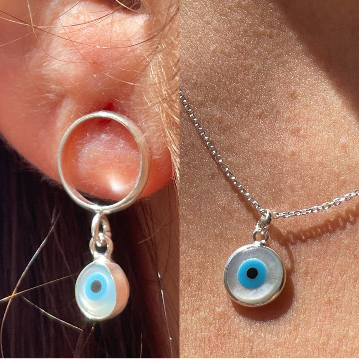 Set collana e orecchini occhio di Allah bianco e celeste