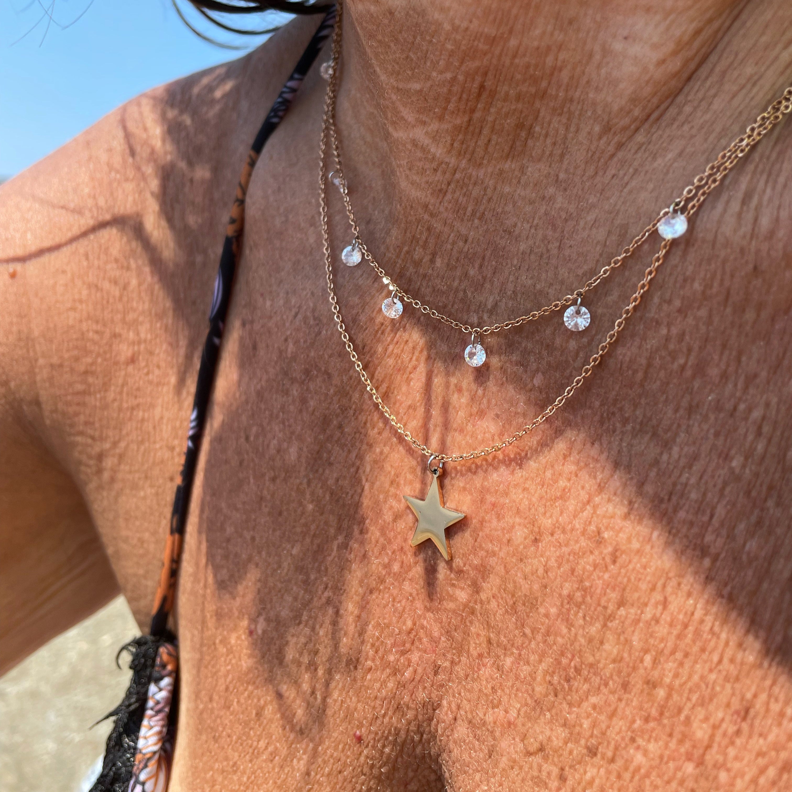 Collana a doppio giro con cristalli e stelle in 2 colori